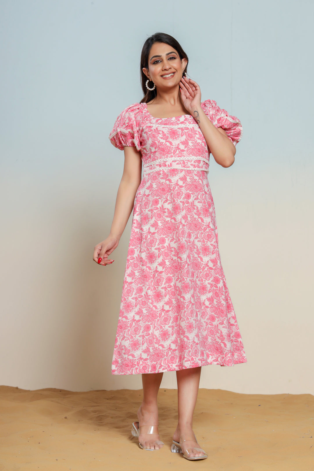 Prism Pink Cotton Hand Block Printed Midi Dress  - By Ragavi - qivii