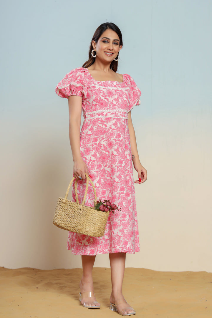 Prism Pink Cotton Hand Block Printed Midi Dress  - By Ragavi - qivii