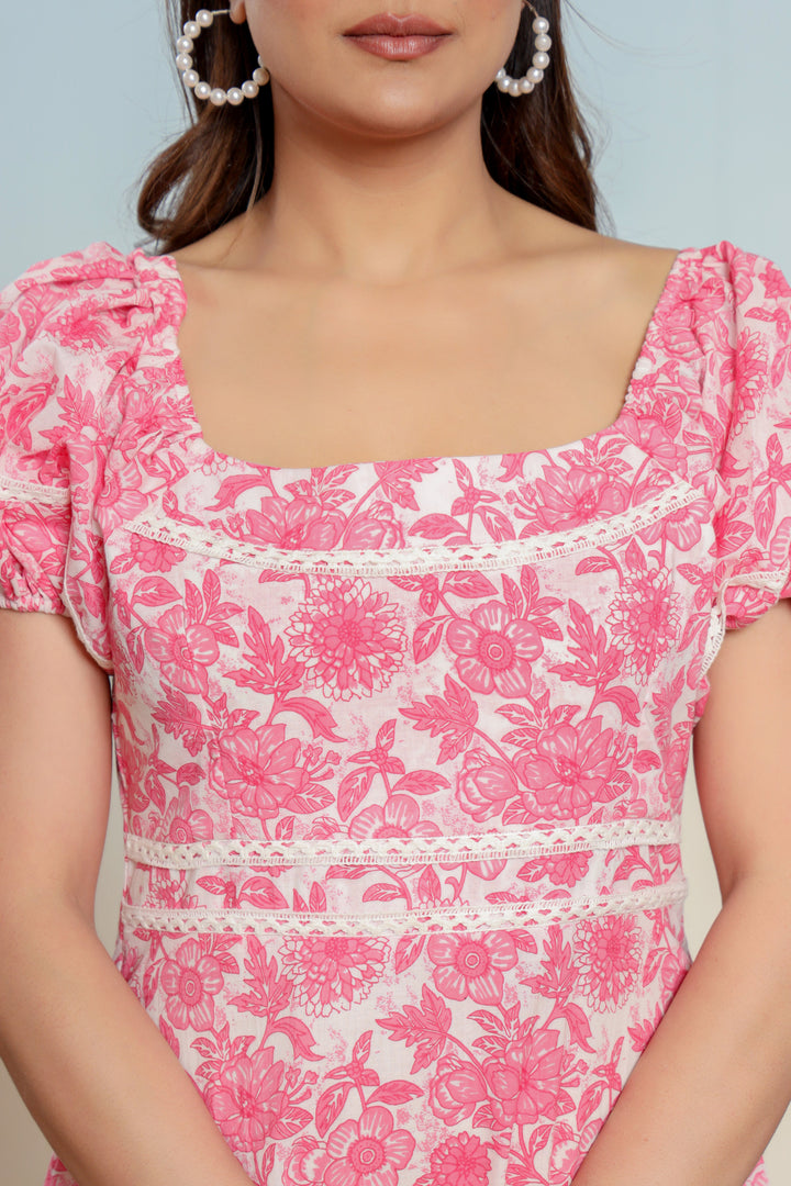 Prism Pink Cotton Hand Block Printed Midi Dress  - By Ragavi - qivii