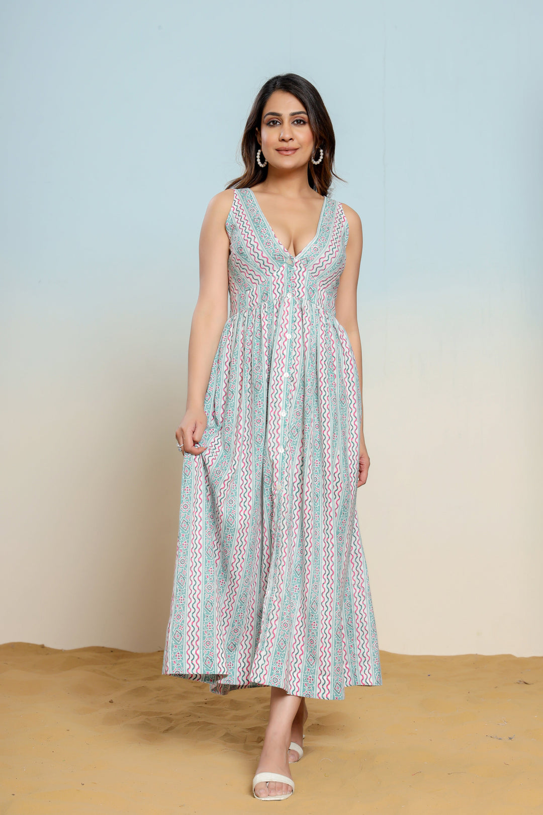 Whispering Blue Hand Block Printed Cotton Midi Dress  - By Ragavi - qivii