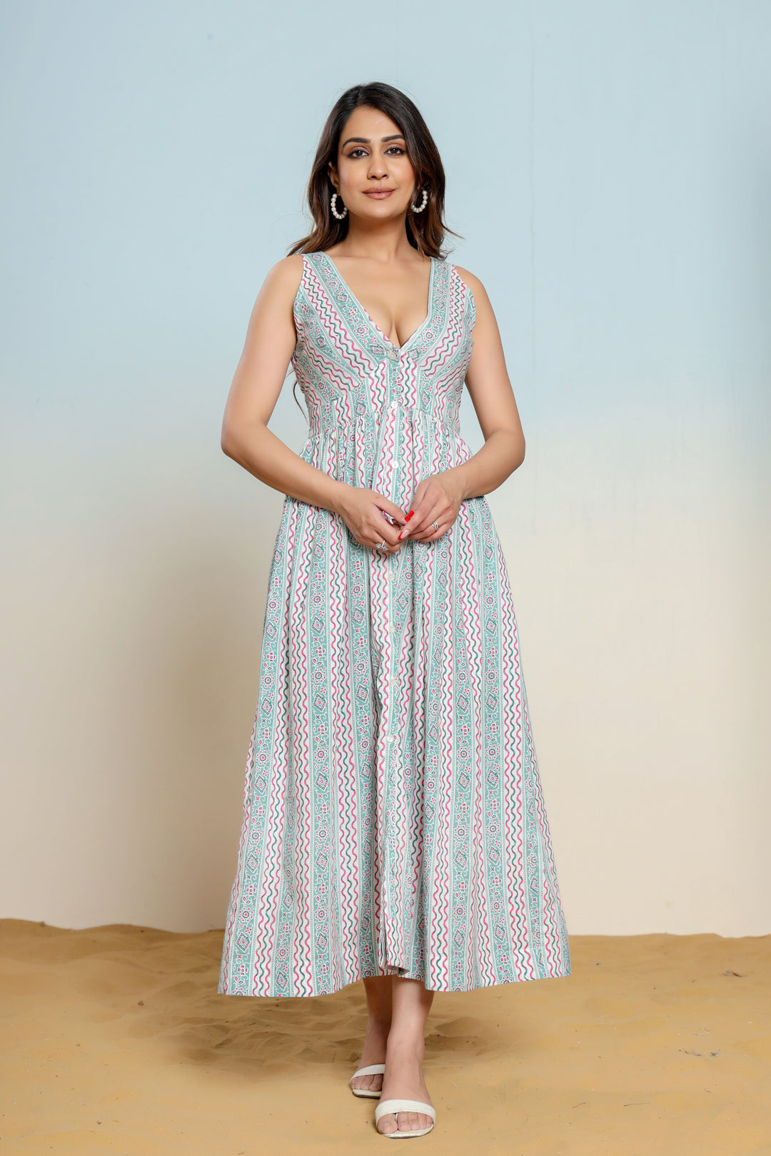 Whispering Blue Hand Block Printed Cotton Midi Dress  - By Ragavi - qivii