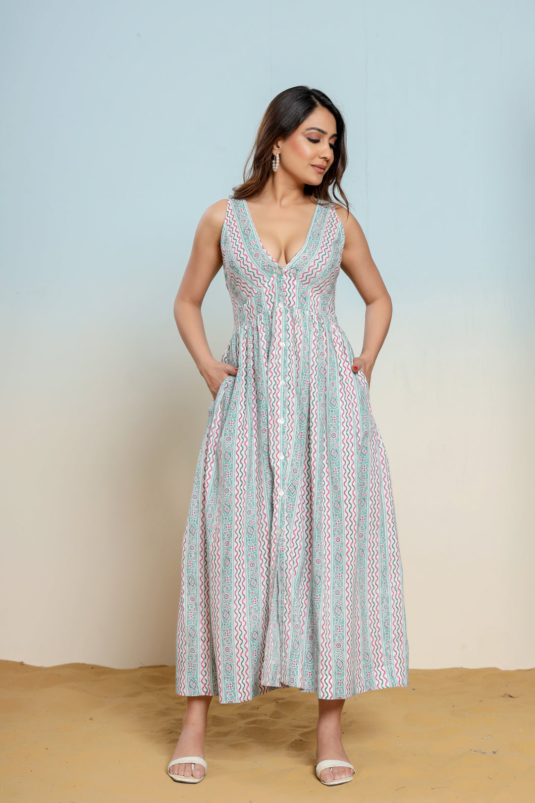 Whispering Blue Hand Block Printed Cotton Midi Dress  - By Ragavi - qivii