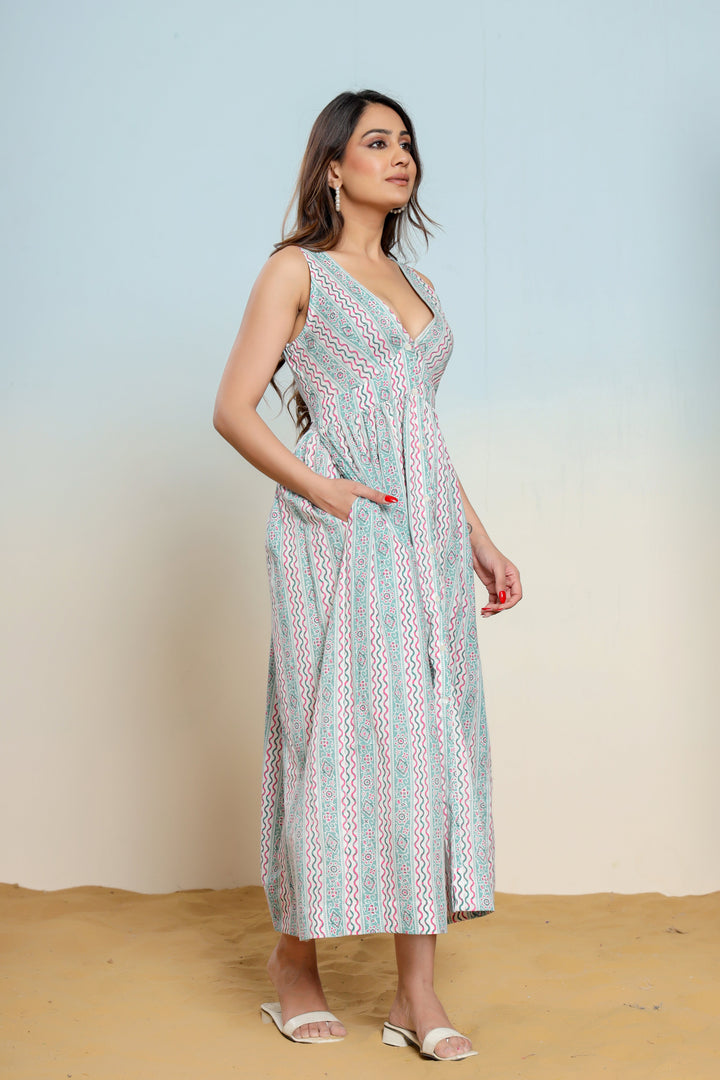 Whispering Blue Hand Block Printed Cotton Midi Dress  - By Ragavi - qivii