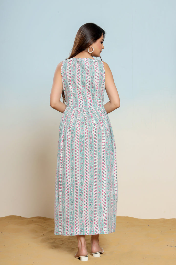 Whispering Blue Hand Block Printed Cotton Midi Dress  - By Ragavi - qivii