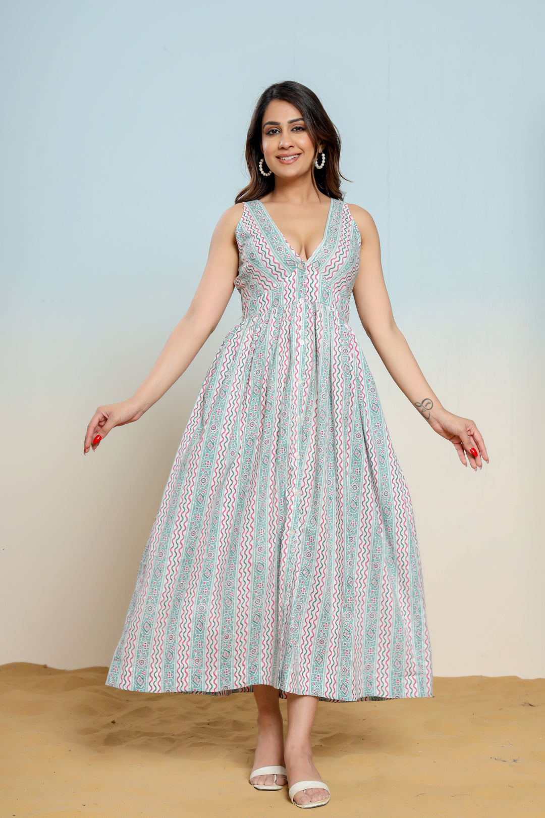 Whispering Blue Hand Block Printed Cotton Midi Dress  - By Ragavi - qivii