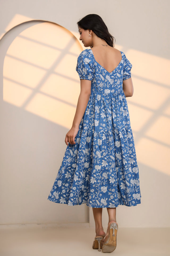Azure Blue Hand Block Printed Midi Dress  - By Ragavi - qivii