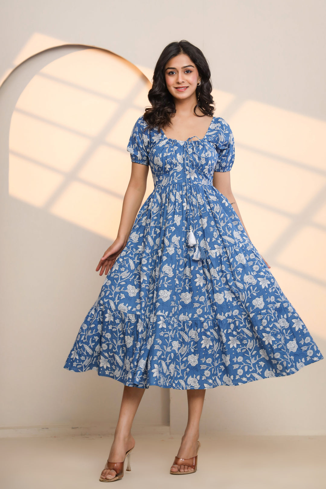 Azure Blue Hand Block Printed Midi Dress  - By Ragavi - qivii