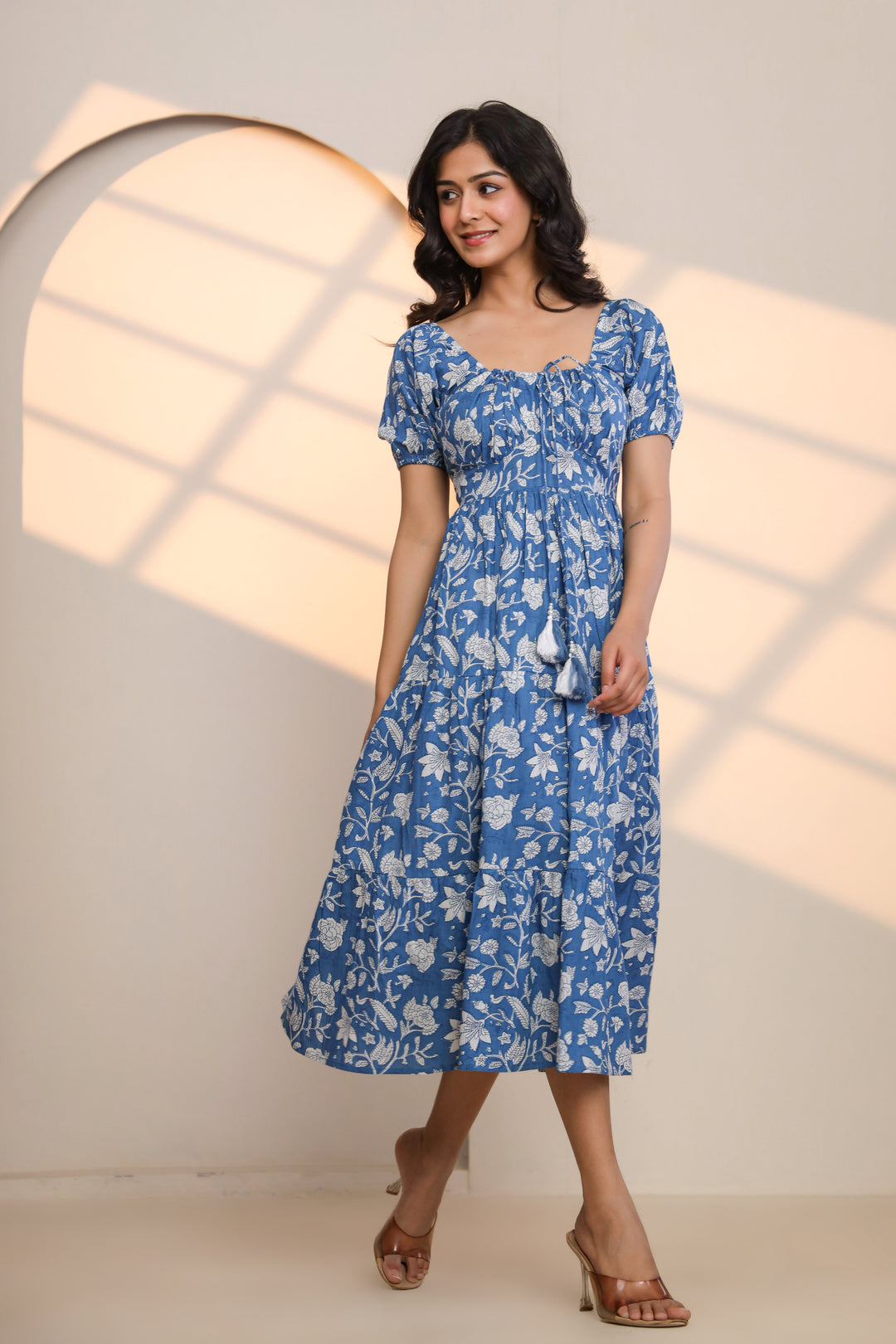 Azure Blue Hand Block Printed Midi Dress  - By Ragavi - qivii