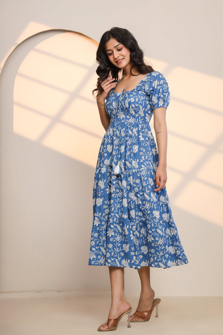 Azure Blue Hand Block Printed Midi Dress  - By Ragavi - qivii