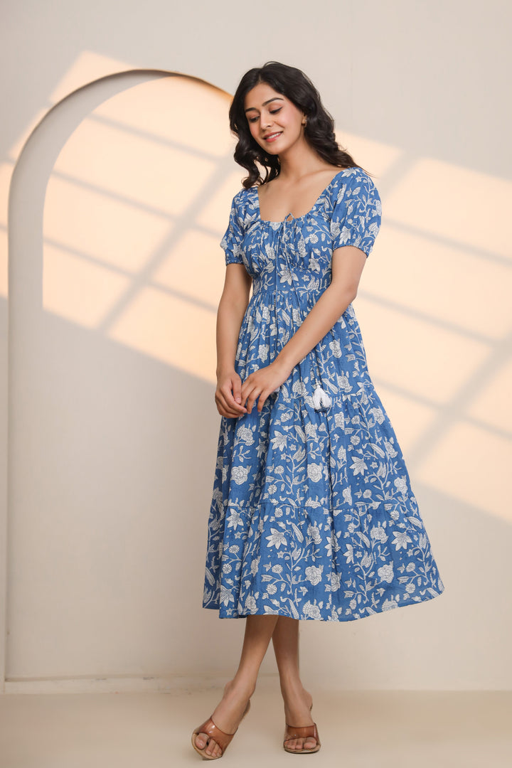 Azure Blue Hand Block Printed Midi Dress  - By Ragavi - qivii
