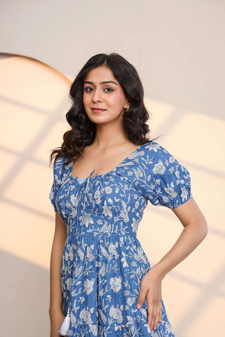 Azure Blue Hand Block Printed Midi Dress  - By Ragavi - qivii