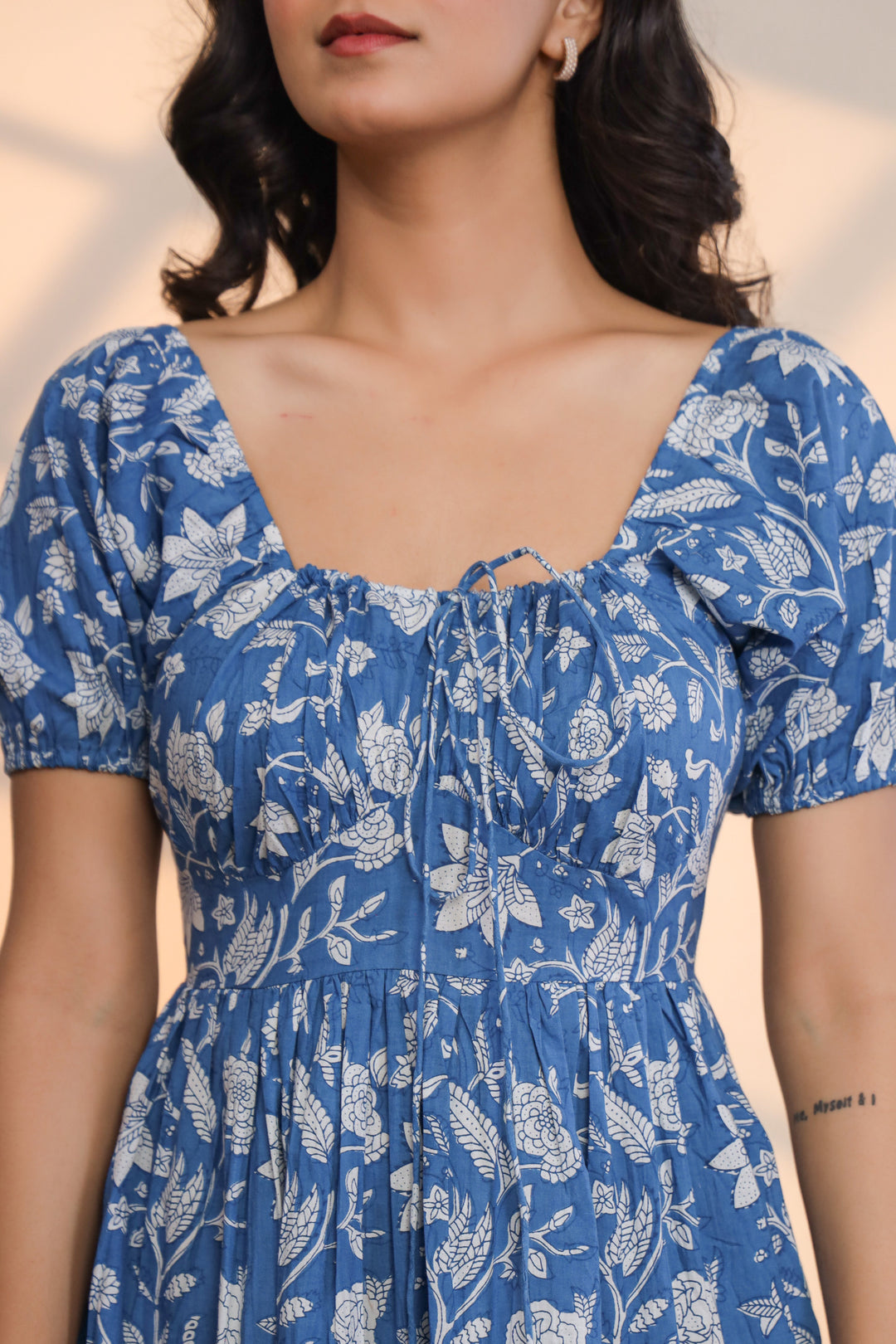 Azure Blue Hand Block Printed Midi Dress  - By Ragavi - qivii