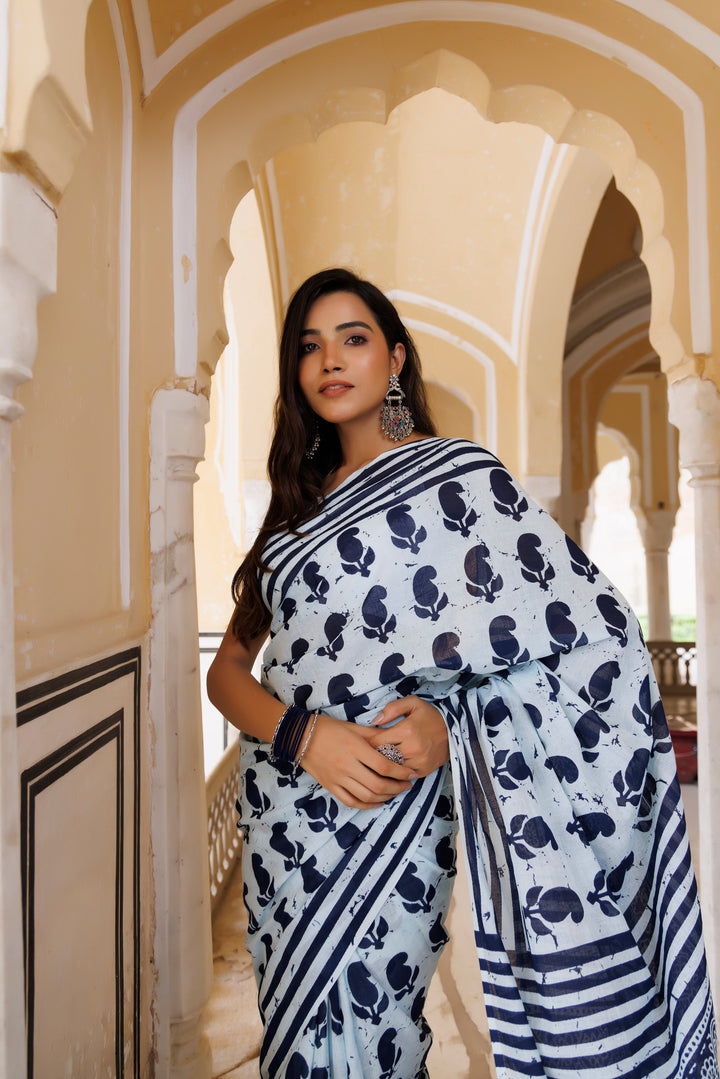 Ice Water Blue And Indigo Traditional Jaipuri Printed Saree  - By Ragavi - qivii