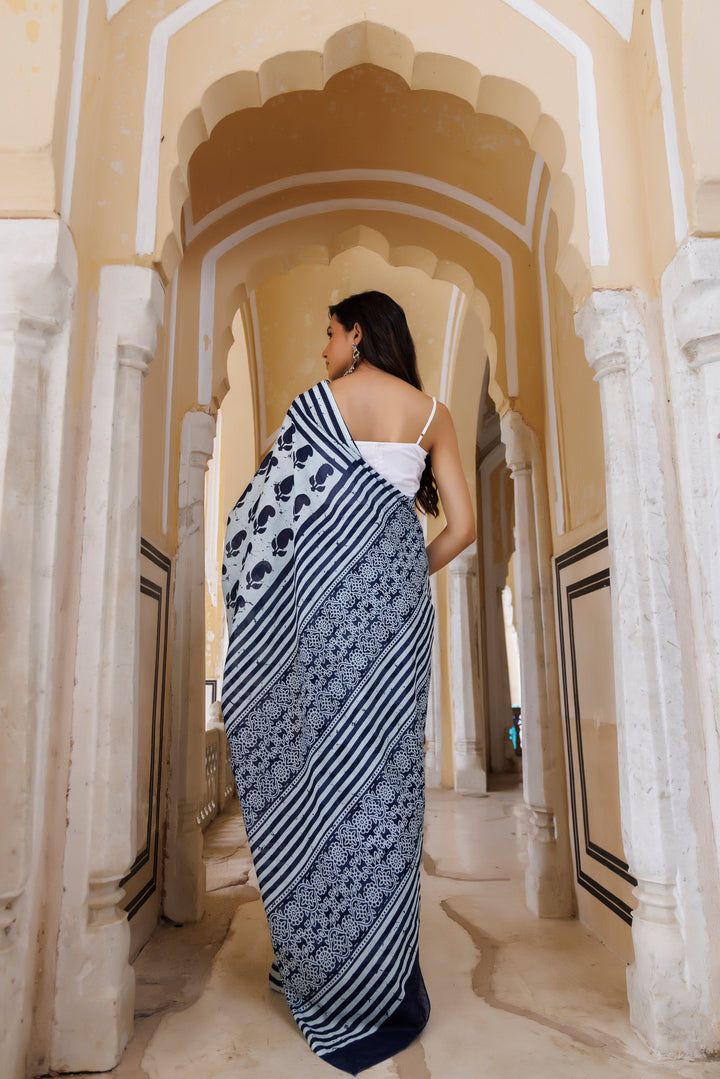 Ice Water Blue And Indigo Traditional Jaipuri Printed Saree  - By Ragavi - qivii