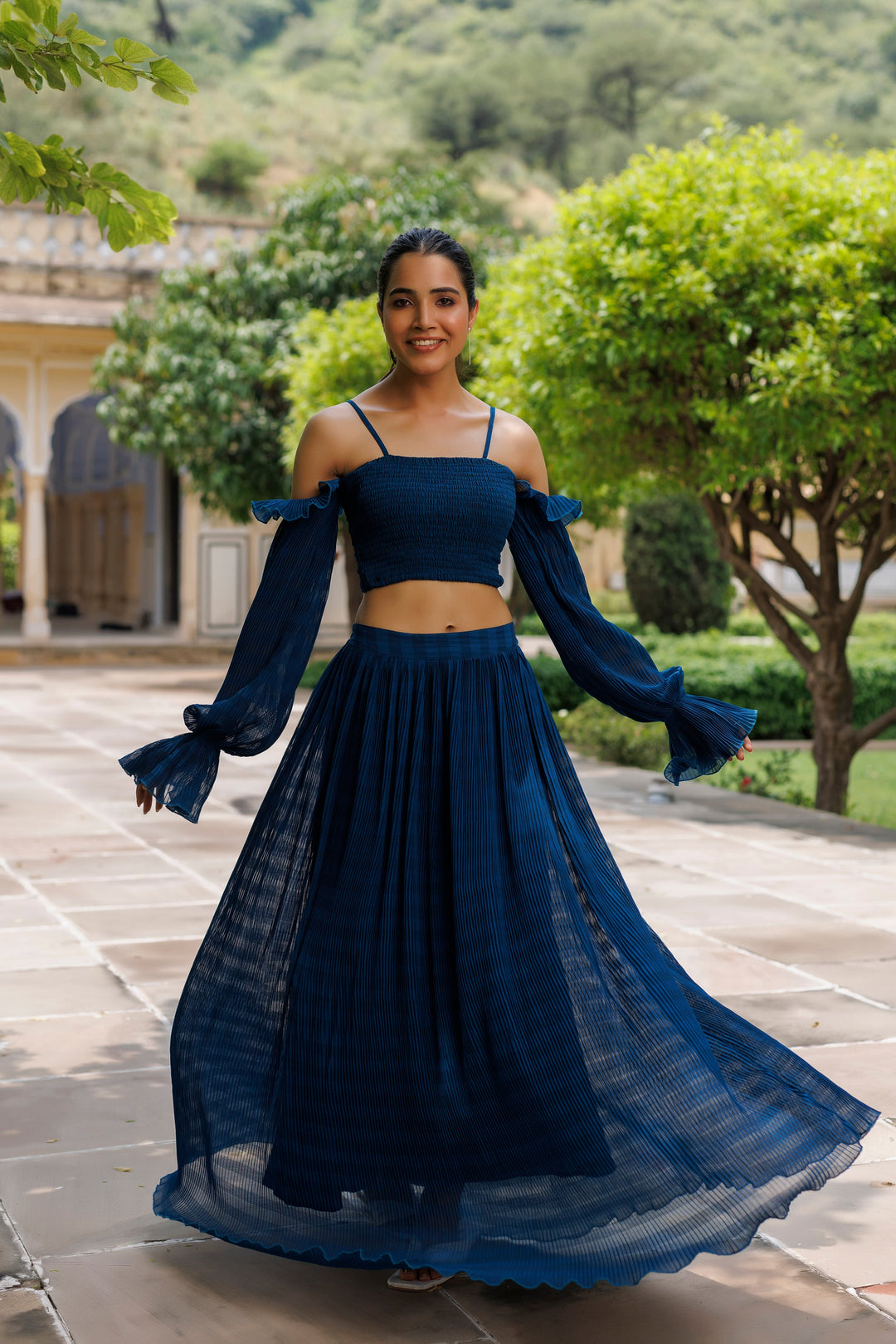 Galaxy Blue Pleated Co-ord Set  - By Ragavi - qivii