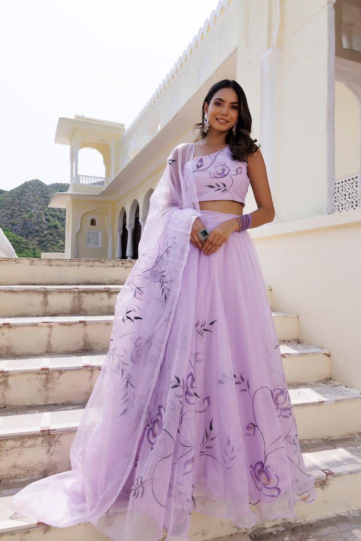Purple Orchid Petal Brush Paint Lehenga Set  - By Ragavi - qivii