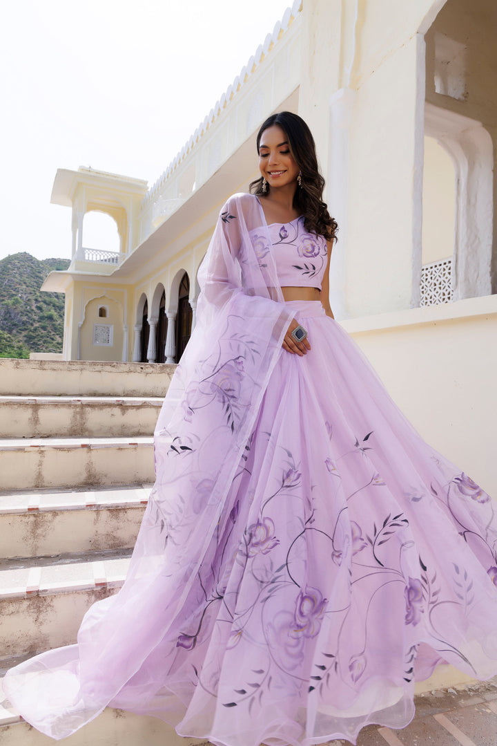 Purple Orchid Petal Brush Paint Lehenga Set  - By Ragavi - qivii