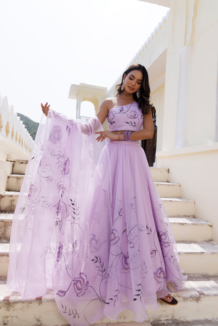 Purple Orchid Petal Brush Paint Lehenga Set  - By Ragavi - qivii