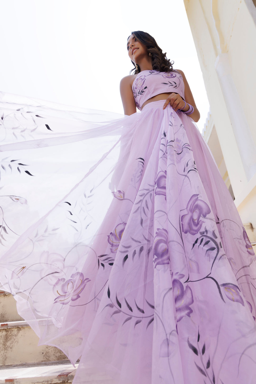 Purple Orchid Petal Brush Paint Lehenga Set  - By Ragavi - qivii