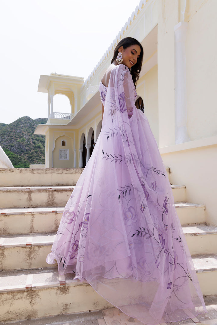 Purple Orchid Petal Brush Paint Lehenga Set  - By Ragavi - qivii