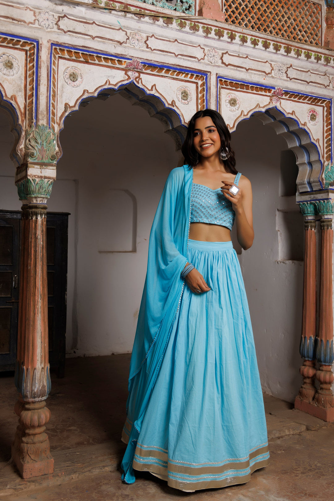 Tanager Turquoise Blue Embroidered Lehenga Set  - By Ragavi - qivii