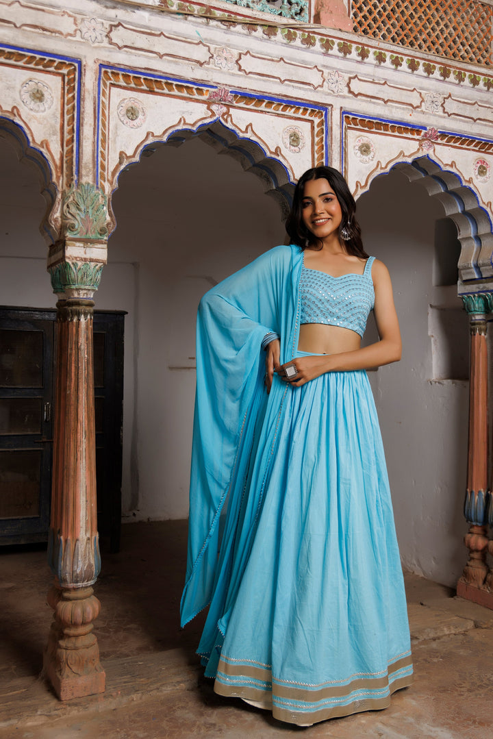 Tanager Turquoise Blue Embroidered Lehenga Set  - By Ragavi - qivii
