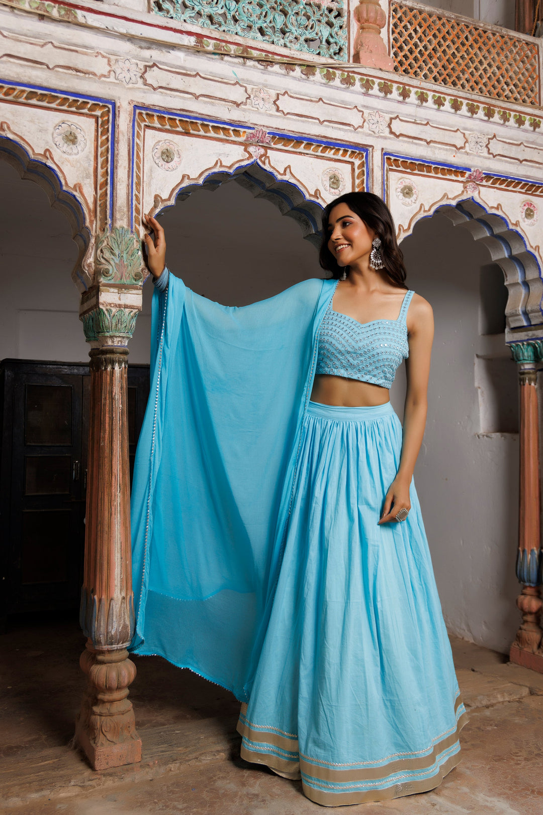 Tanager Turquoise Blue Embroidered Lehenga Set  - By Ragavi - qivii