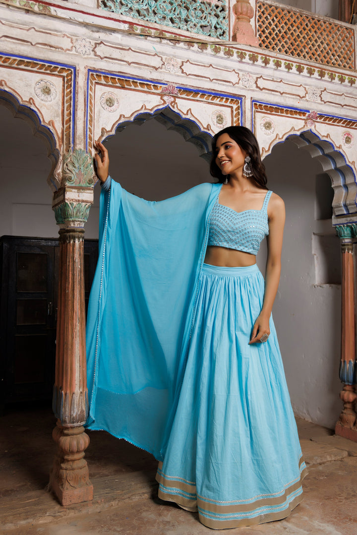 Tanager Turquoise Blue Embroidered Lehenga Set  - By Ragavi - qivii
