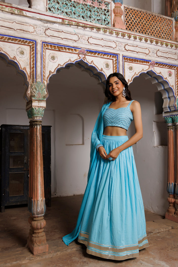 Tanager Turquoise Blue Embroidered Lehenga Set  - By Ragavi - qivii