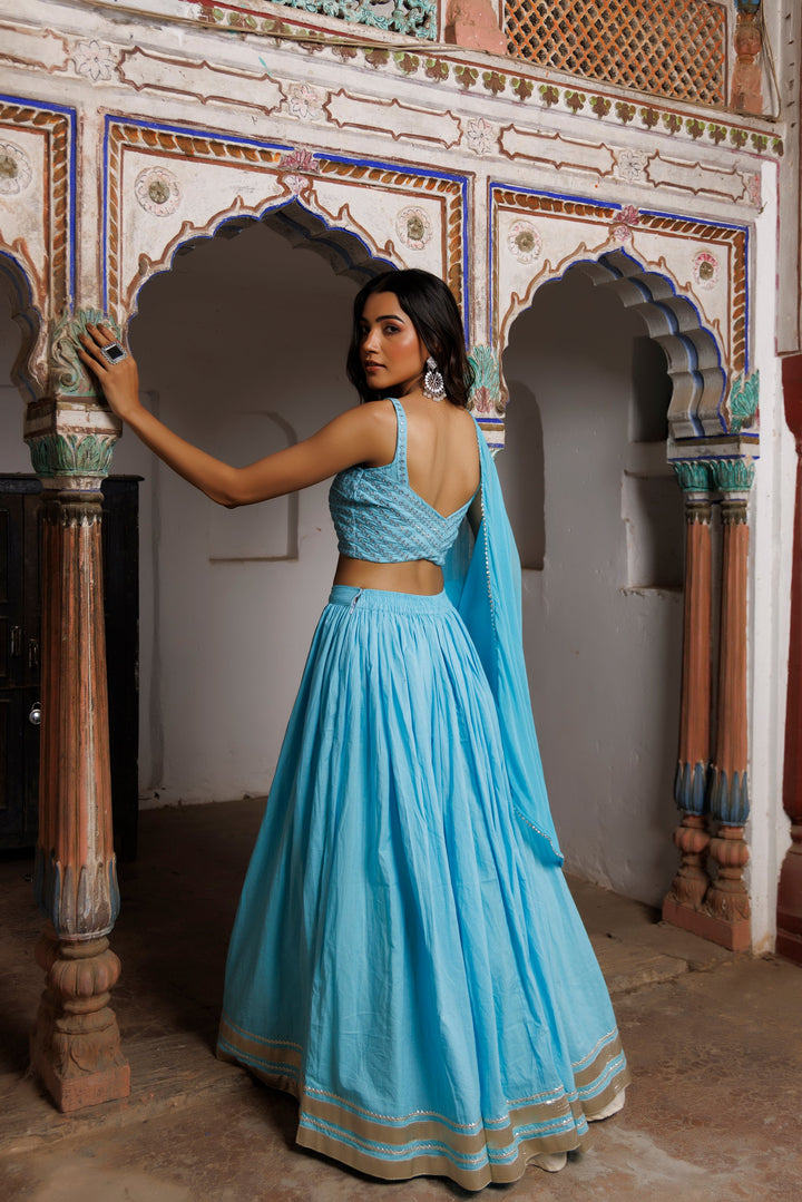 Tanager Turquoise Blue Embroidered Lehenga Set  - By Ragavi - qivii