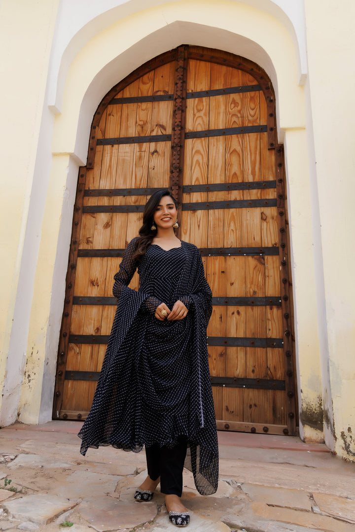 Charcoal Black Art Leheriya Kurta Set