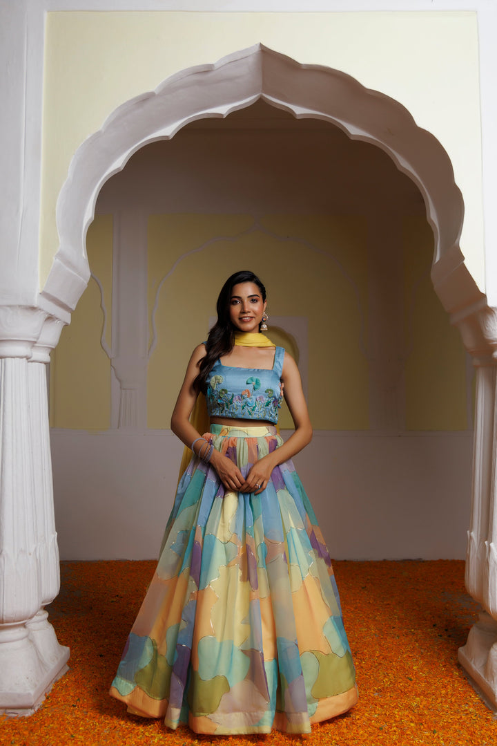 Steel Blue Multicolour Lehenga Set  - By Ragavi - qivii