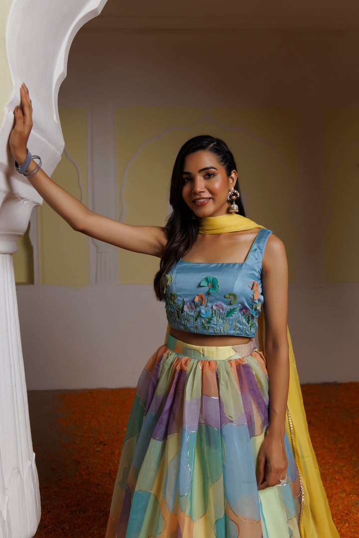 Steel Blue Multicolour Lehenga Set  - By Ragavi - qivii