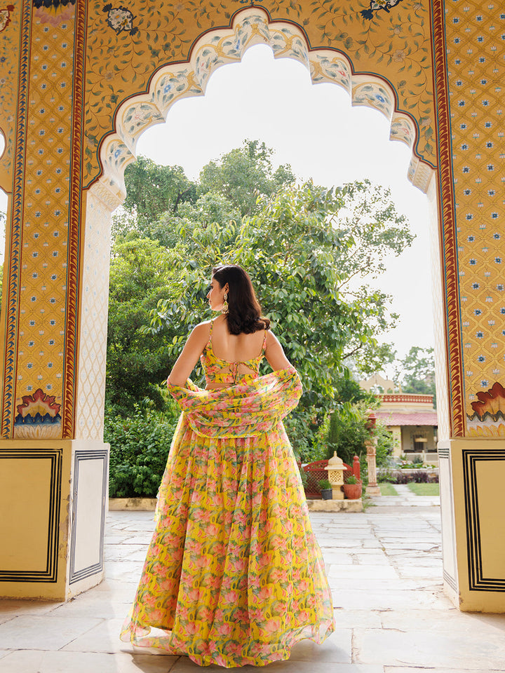 Lemon Chrome Yellow Floral Printed Chiffon Lehenga Set  - By Ragavi - qivii