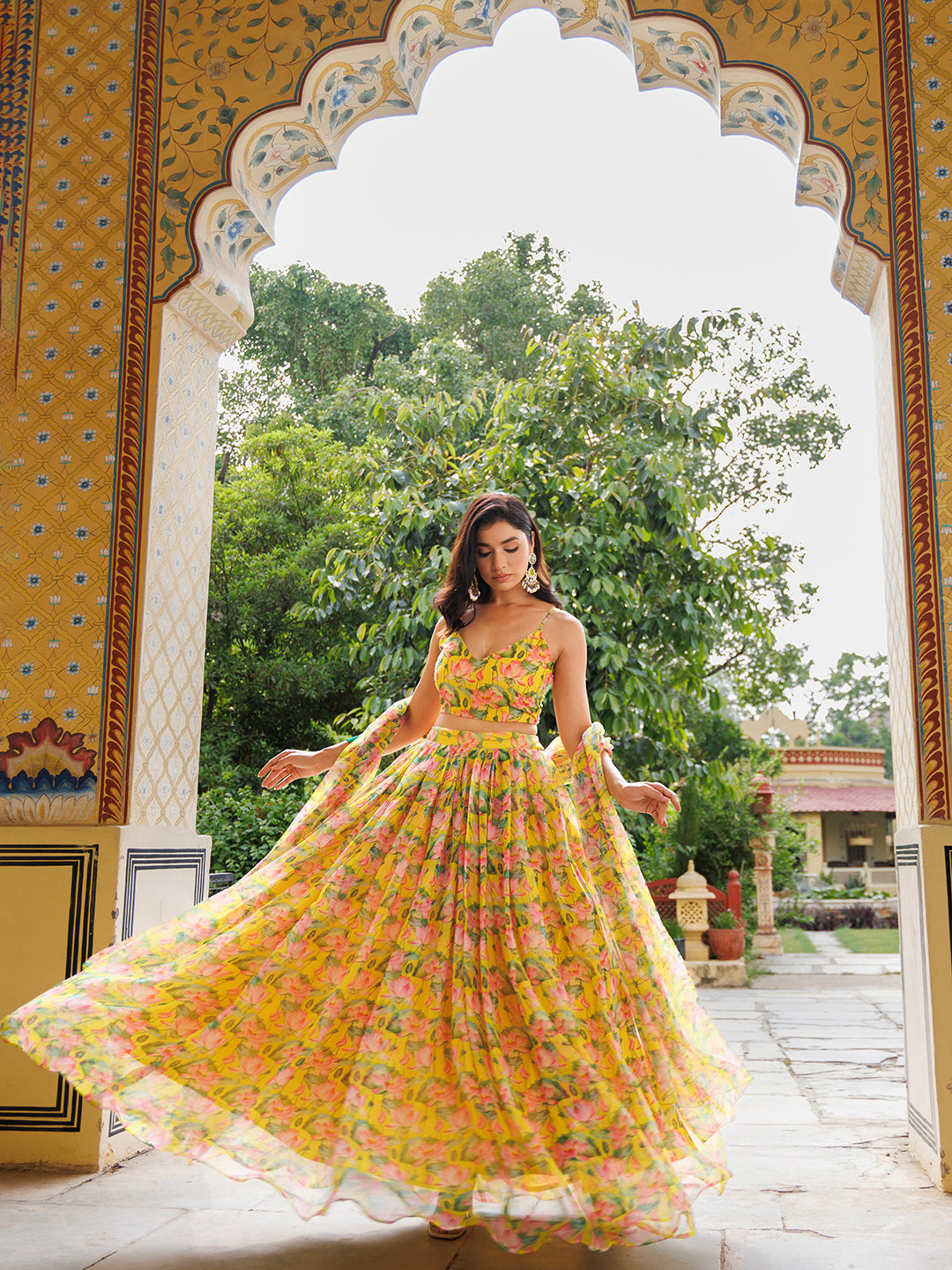 Lemon Chrome Yellow Floral Printed Chiffon Lehenga Set  - By Ragavi - qivii