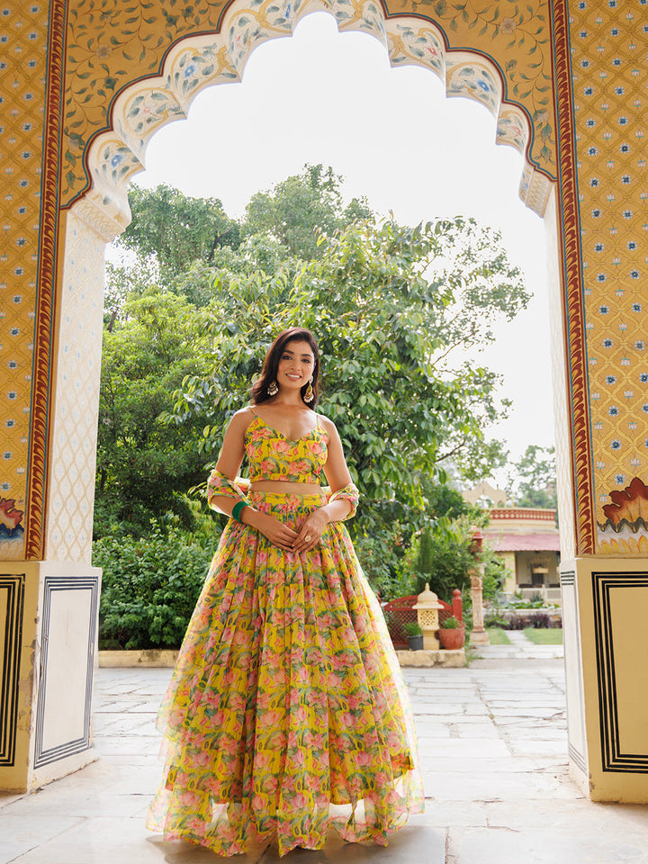 Lemon Chrome Yellow Floral Printed Chiffon Lehenga Set  - By Ragavi - qivii