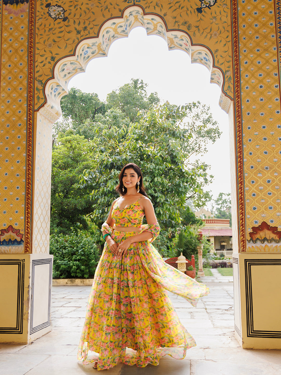 Lemon Chrome Yellow Floral Printed Chiffon Lehenga Set  - By Ragavi - qivii