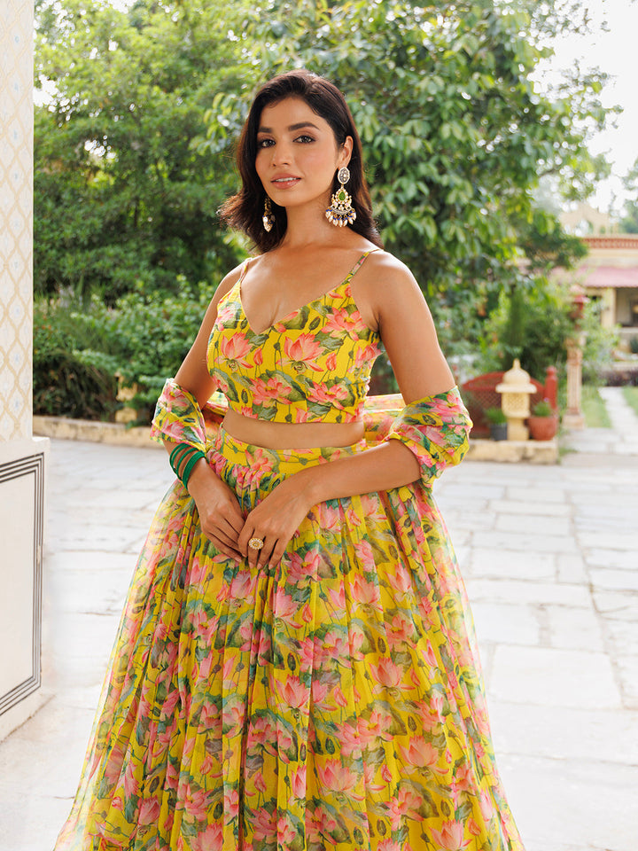 Lemon Chrome Yellow Floral Printed Chiffon Lehenga Set  - By Ragavi - qivii