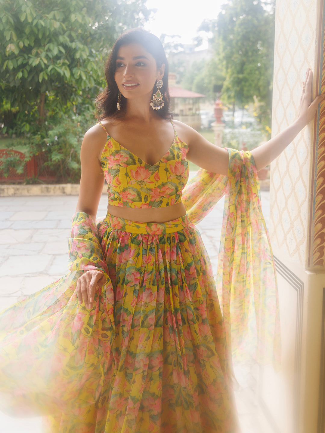 Lemon Chrome Yellow Floral Printed Chiffon Lehenga Set  - By Ragavi - qivii
