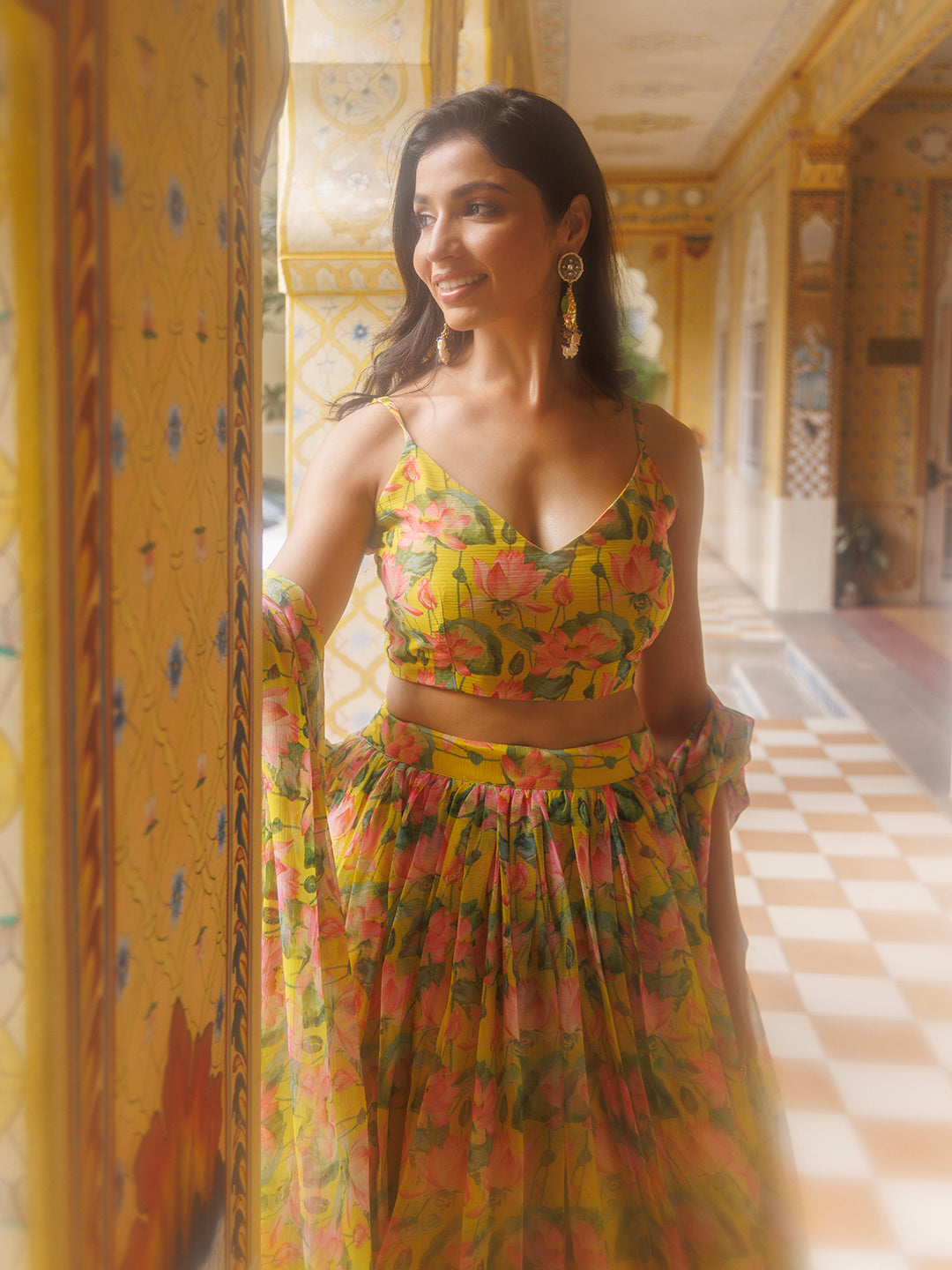 Lemon Chrome Yellow Floral Printed Chiffon Lehenga Set  - By Ragavi - qivii