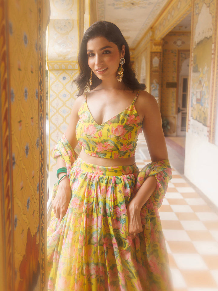 Lemon Chrome Yellow Floral Printed Chiffon Lehenga Set  - By Ragavi - qivii