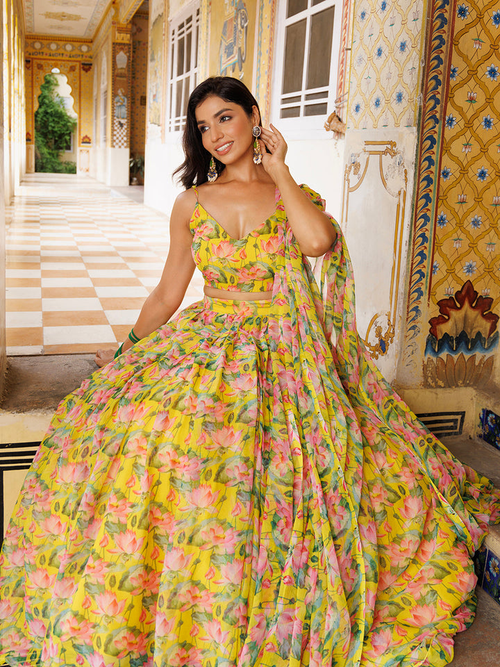 Lemon Chrome Yellow Floral Printed Chiffon Lehenga Set  - By Ragavi - qivii
