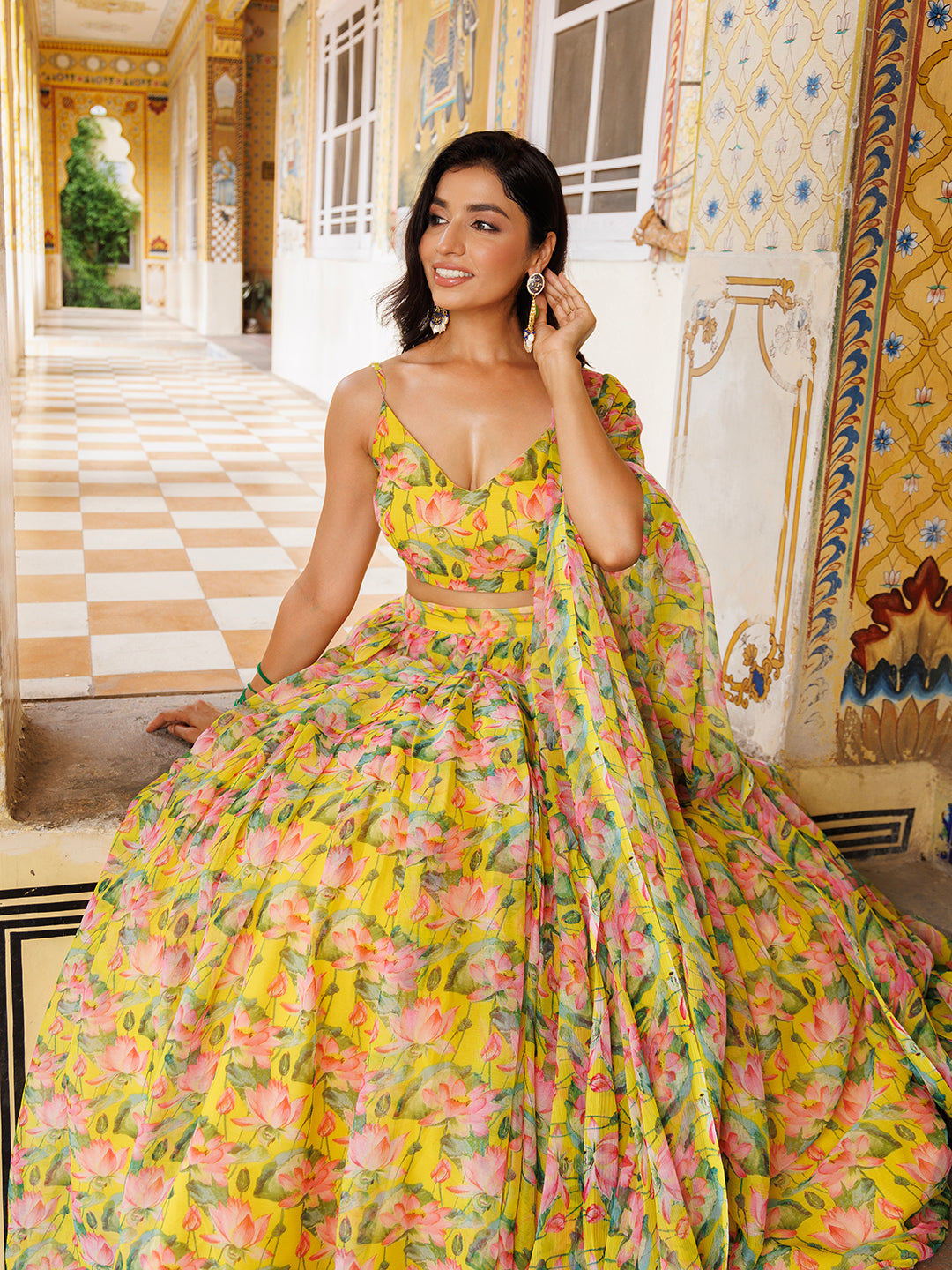 Lemon Chrome Yellow Floral Printed Chiffon Lehenga Set  - By Ragavi - qivii