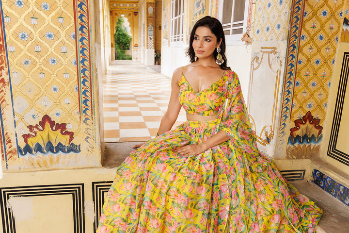 Lemon Chrome Yellow Floral Printed Chiffon Lehenga Set  - By Ragavi - qivii