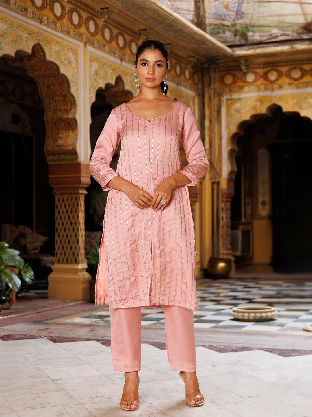 Calypso Pink Embroidered Silk Kurta Set