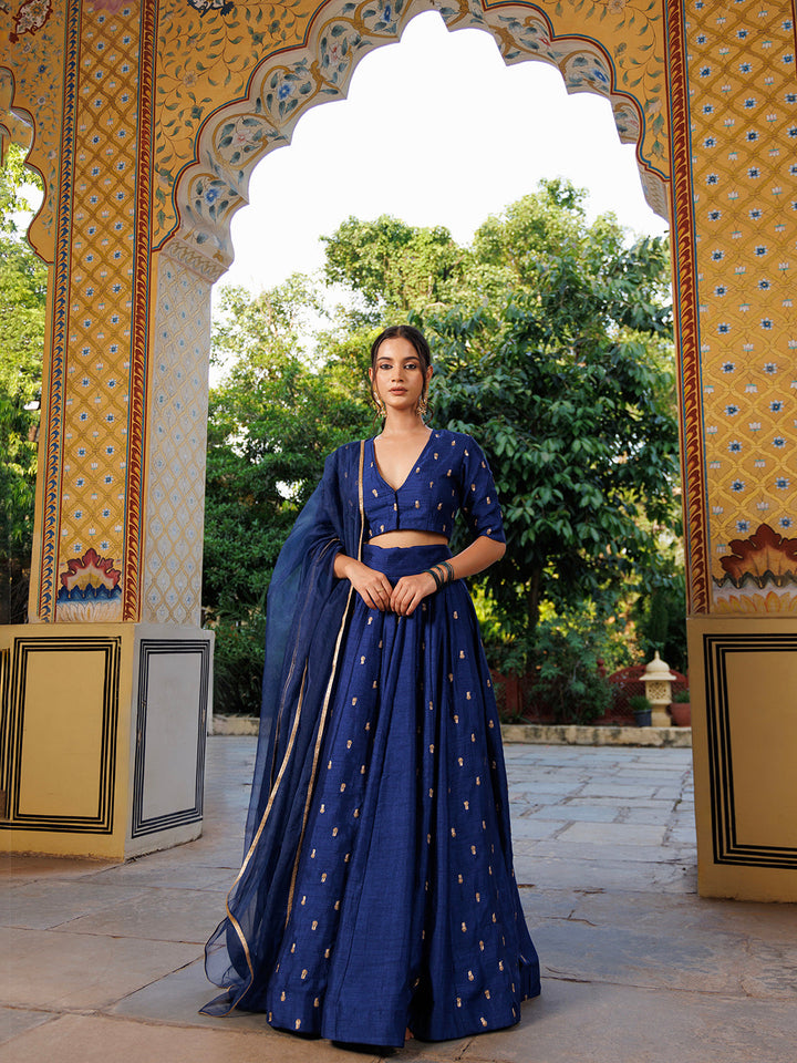 Galactic Blue Embroidered Silk Lehenga Set  - By Ragavi - qivii