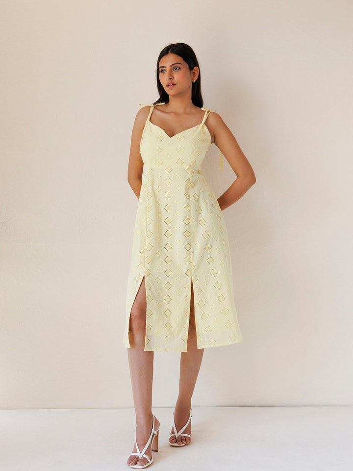 Forsythia Yellow Cotton Schiffli Dress  - By Ragavi - qivii