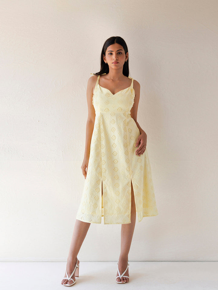 Forsythia Yellow Cotton Schiffli Dress  - By Ragavi - qivii