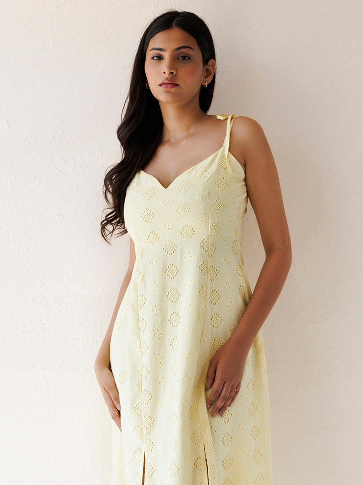 Forsythia Yellow Cotton Schiffli Dress  - By Ragavi - qivii
