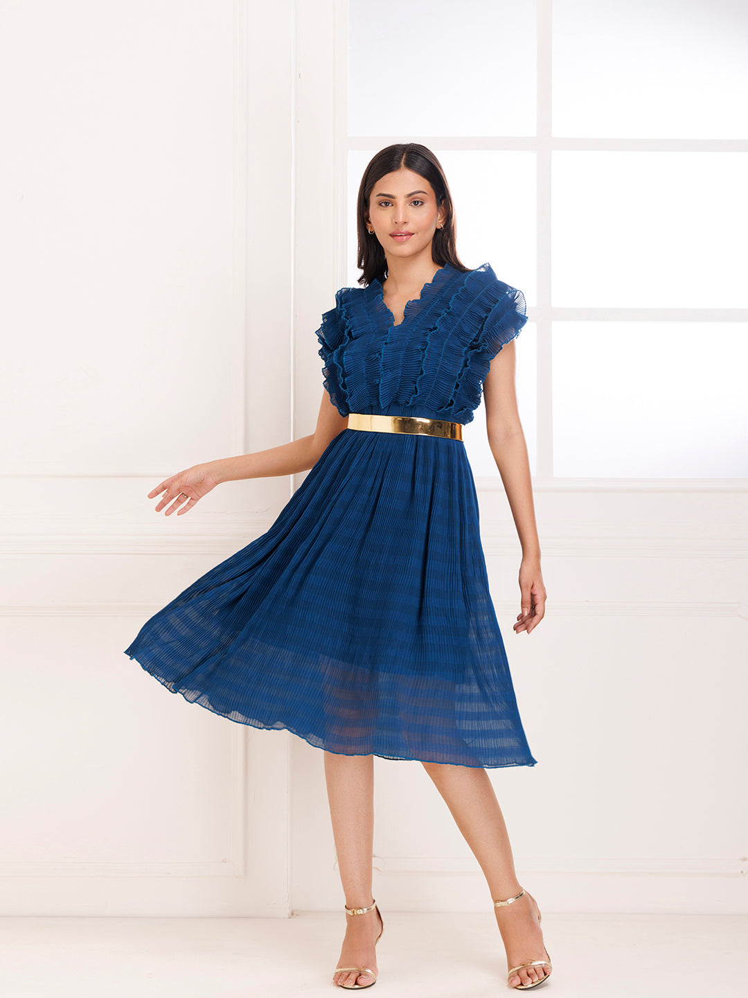 Petunia Blue Ruffle Pleated Dress  - By Ragavi - qivii